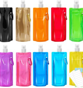 10 Pack Collapsible Water Bottles,Reusable Drinking Water Bags with Carabiner Clip,480ml Travel Water Bottle,Leak Proof Water Bottles for Camping,Hiking Travel,Gym,Sports,Biking,BPA Free