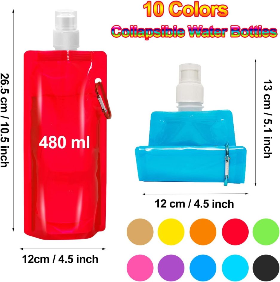 10 Pack Collapsible Water Bottles,Reusable Drinking Water Bags with Carabiner Clip,480ml Travel Water Bottle,Leak Proof Water Bottles for Camping,Hiking Travel,Gym,Sports,Biking,BPA Free - Image 2