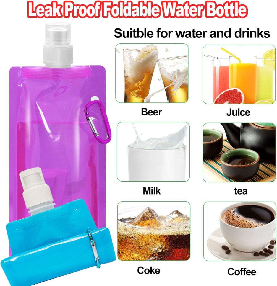 10 Pack Collapsible Water Bottles,Reusable Drinking Water Bags with Carabiner Clip,480ml Travel Water Bottle,Leak Proof Water Bottles for Camping,Hiking Travel,Gym,Sports,Biking,BPA Free - Image 6