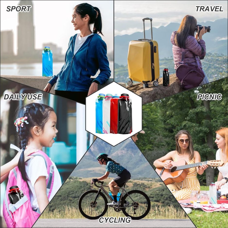 4 Pack 700 ml Collapsible Water Bottle,Portable Leakproof Bag for Drinking Foldable Flat Water Bottles for Camping Traveling Biking Hiking - Image 6