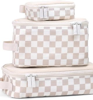 Itzy Ritzy Packing Cubes for Travel – Set of 3 Packing Cubes or Travel Organizers; Each Cube Features a Mesh Top, Double Zippers and a Fabric Handle (Checkerboard)