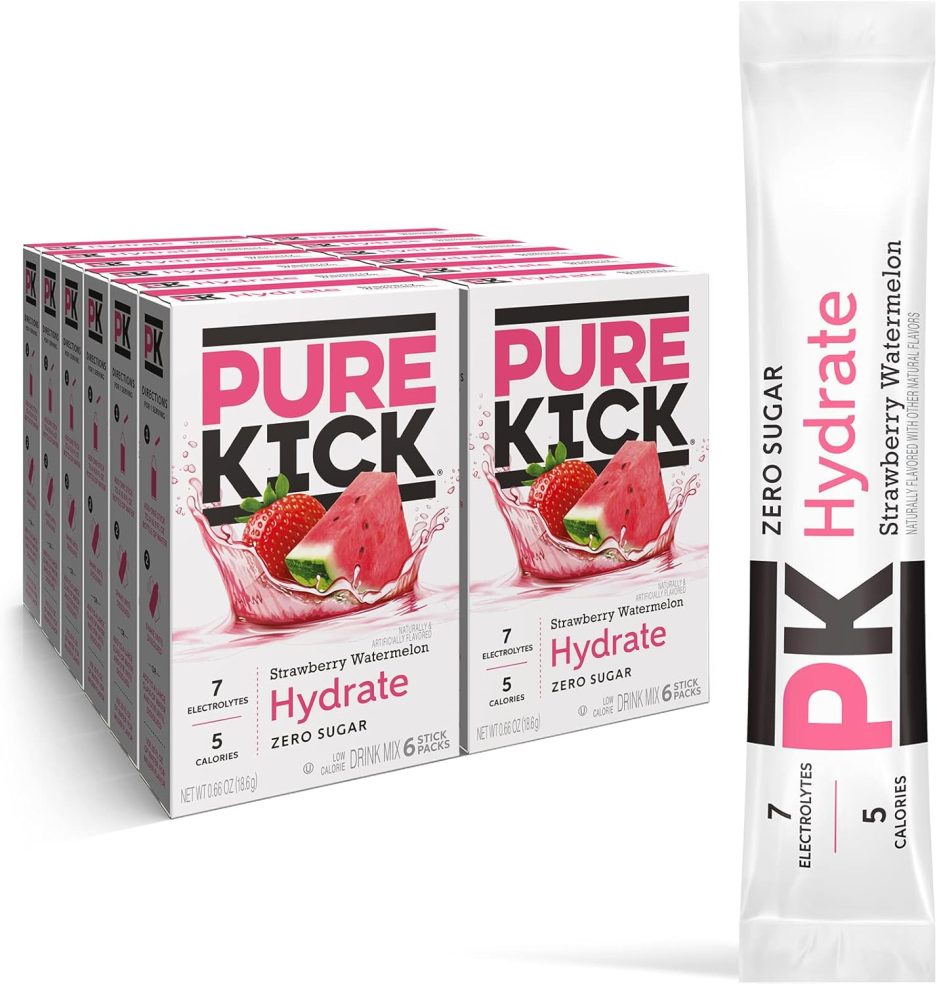 Pure Kick Hydration Singles To Go Drink Mix, Strawberry Watermelon, Includes 12 Boxes with 6 Packets in each Box, 72 Total Packets